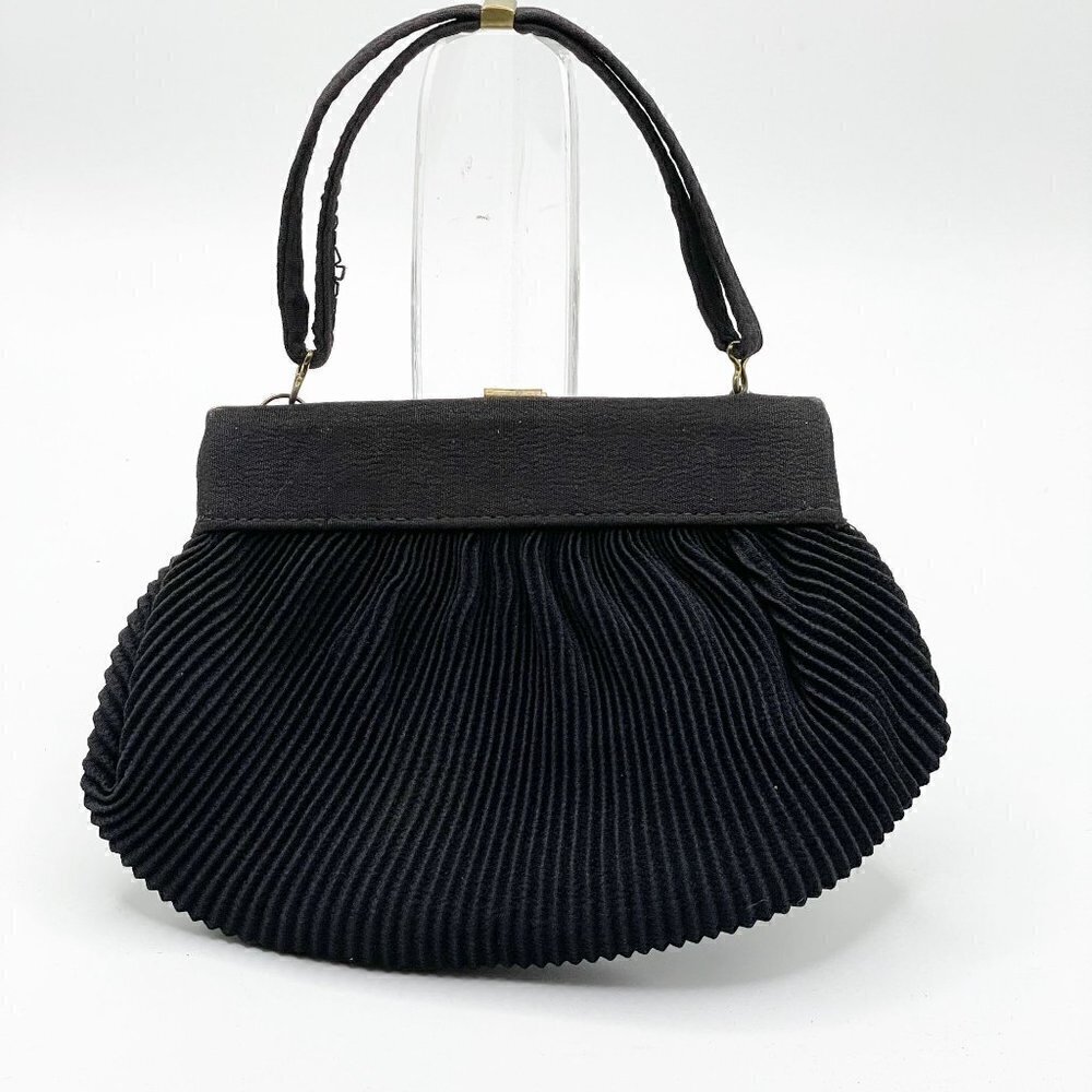Vintage Pleated Satin Flower Clasp Handled Framed Evening Bag with Coin Purse - Picture 3 of 10